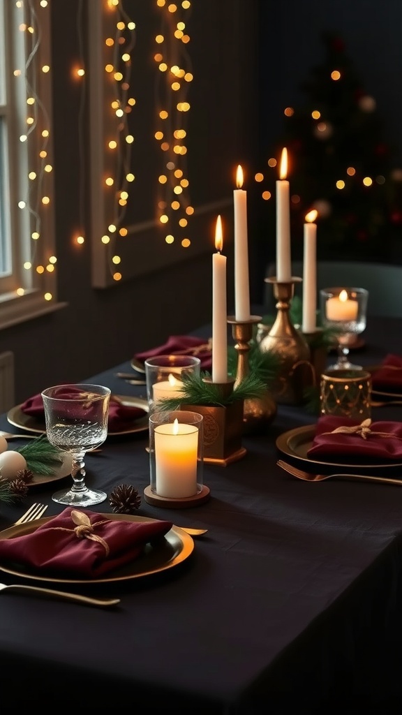 Moody Christmas table setting with dark colors, candles, and natural decorations.